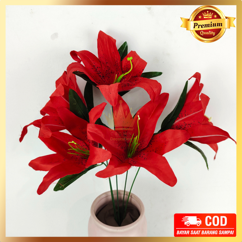 Bunga Lily Cabang 5  - Dekorasi / Lily Tiger Casablanca plastik/ lili Hiasan / Pernikahan / Bunga Ar