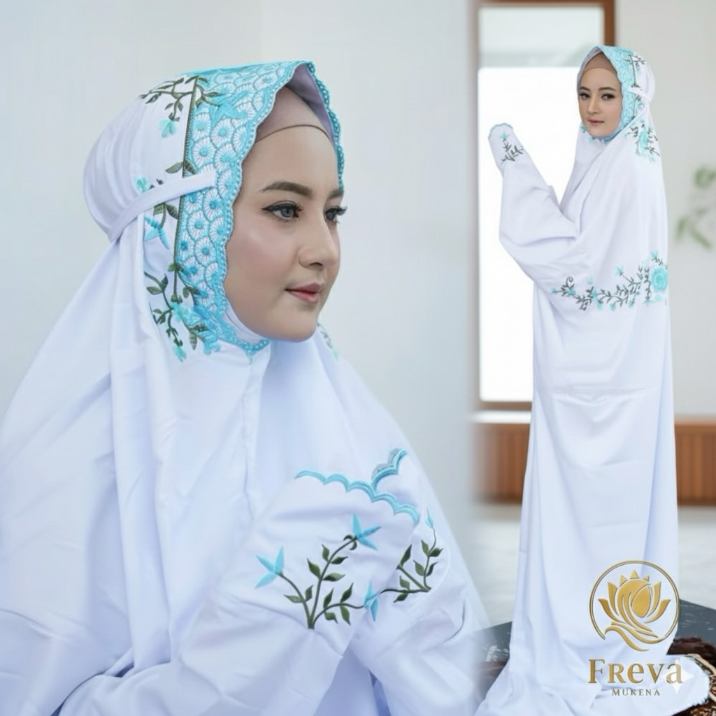 MUKENA DEWASA BORDIR LAJURAN POLINO PUTIH BORDIR DAUN HITAM BUNGA WARNA | MUKENAH TERUSAN/LANGSUNGAN
