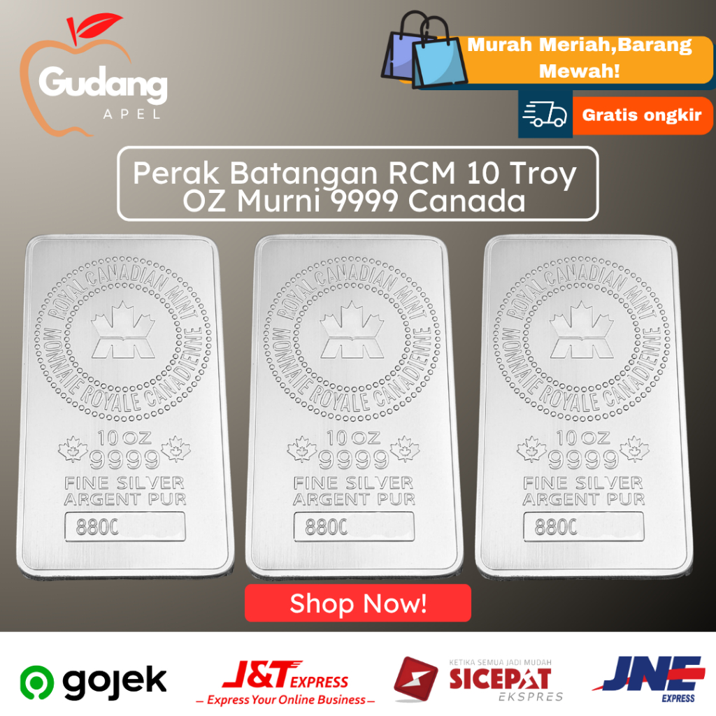 Perak Batangan RCM Silver Bar Murni 10 Troy Oz Murni 9999 - Canada 311gr