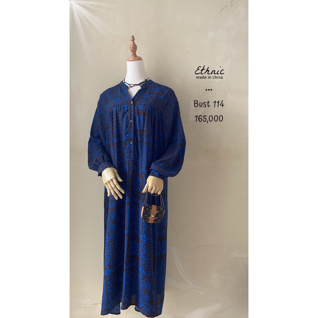 Midi dress motif bunga etnik dark chocolate coklat cokelat biru elektrik premium katun preloved mura