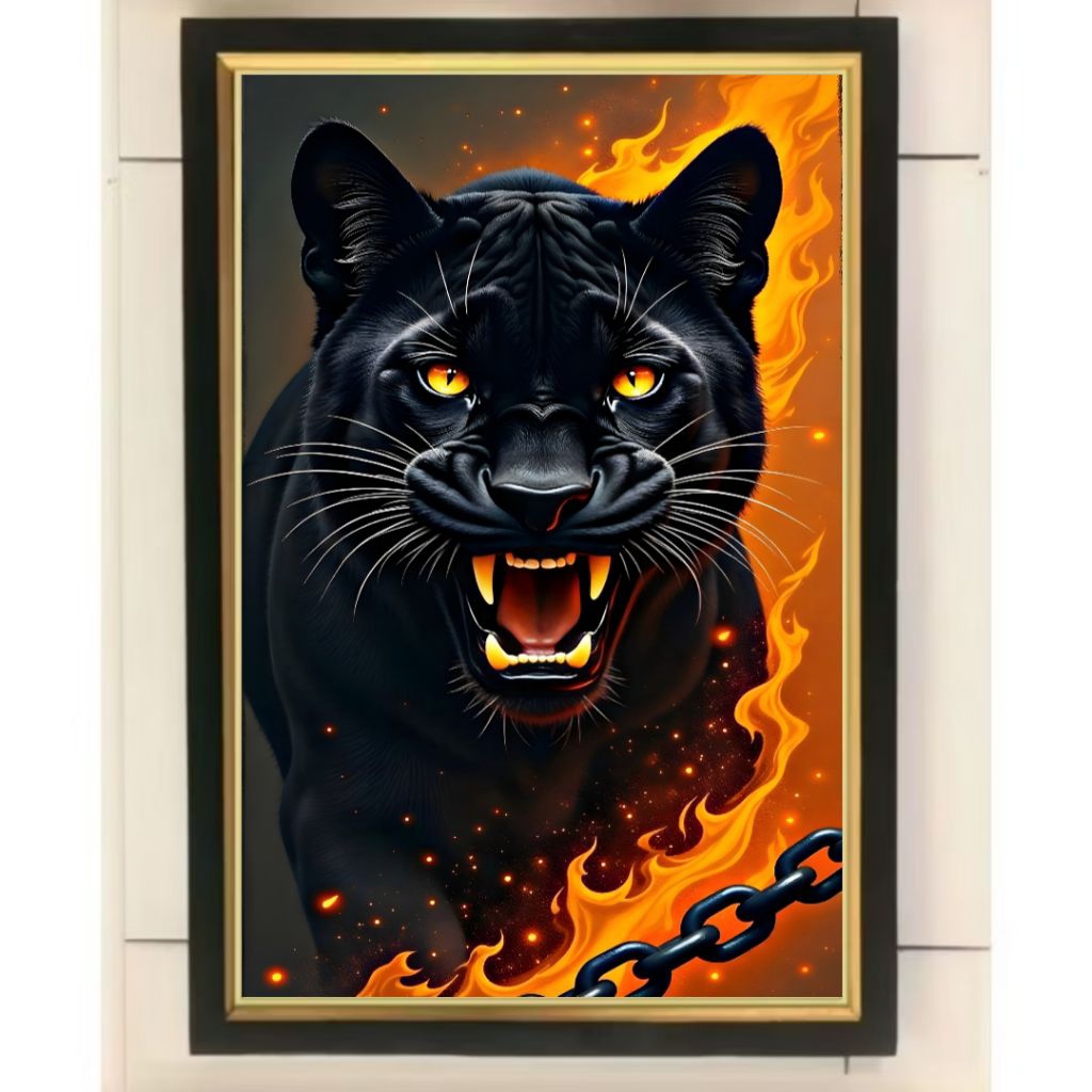 Hiasan dinding lukisan cetak plus Bingkai gambar Macan kumbang hitam ukuran 65*45cm