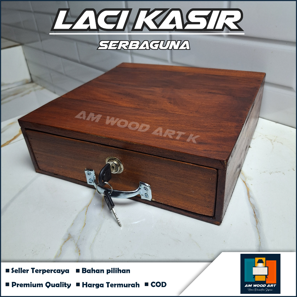 Laci Uang Kasir Kayu Asli plus 2 kunci / Kotak Tempat Uang Toko, Warung Brankas Serbaguna