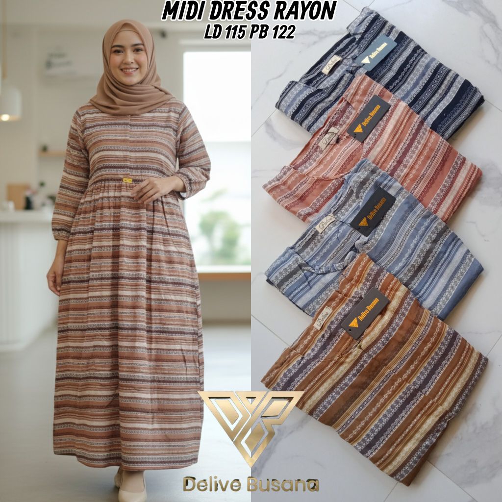 Delivebusana Midi dress rayon motif batik lengan panjang ll Midi dress rayon motif etnik