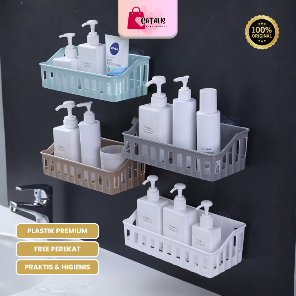 CATALIS  Rak Gantung Tempel Dinding / Rak kamar Mandi Dapur / Wadah Penyimpanan Serbaguna Bonus Lem
