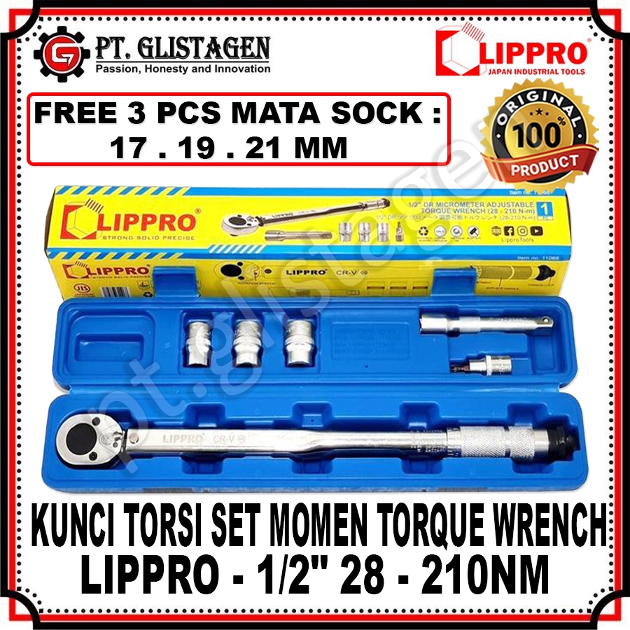 LIPPRO 11068 Kunci Torsi Set Momen 1/2" inch Kunci Torque Set Momen Torque Wrench 28-210 Nm + Mata S
