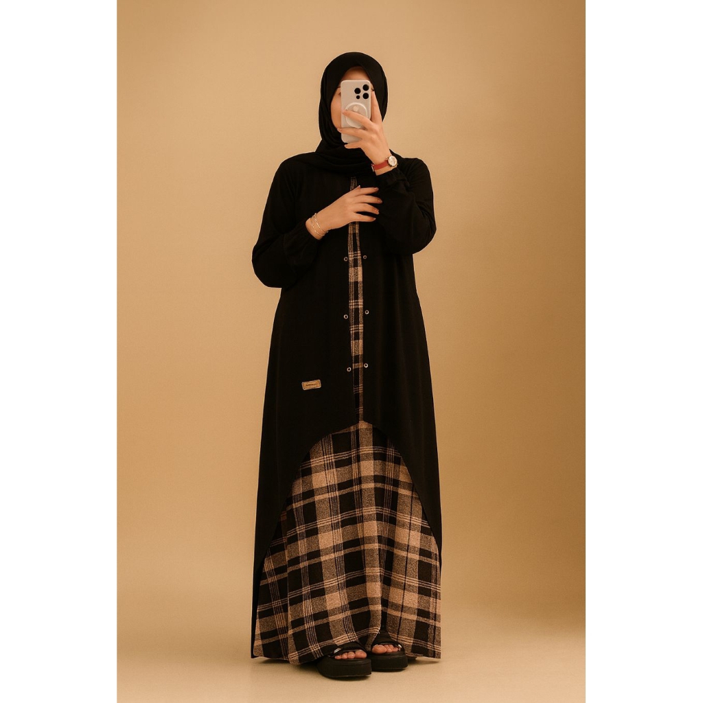 Dress Rompi Hitam Wanita – Gamis Dress Layer Look Elegan Modis Kekinian | Muslim Casual Formal