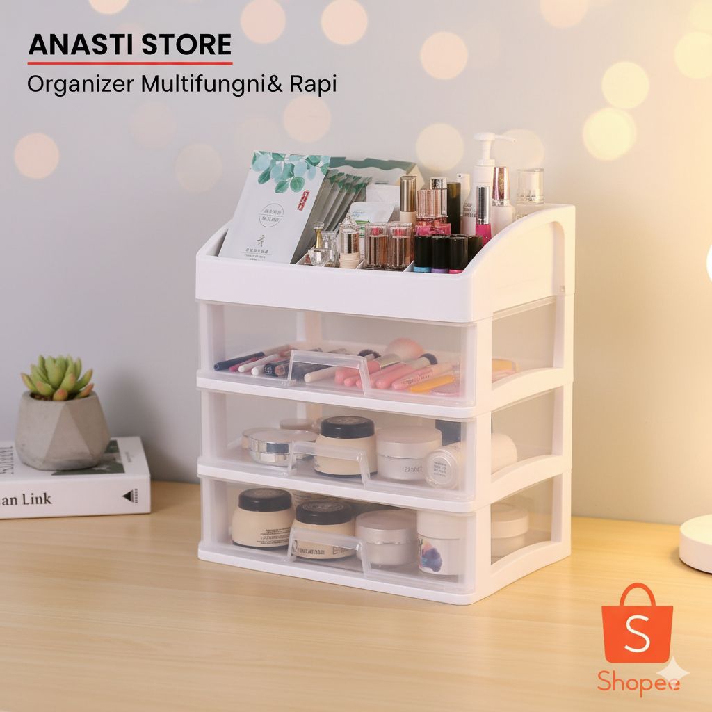rak kosmetik transparan laci 3 susun rak atk meja serbaguna