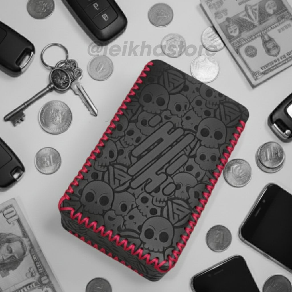 Dompet PU Leather Sleeve Case R234 Hitam Logo Full Skull Besar Benang Magenta Wadah Koin Kunci Premi