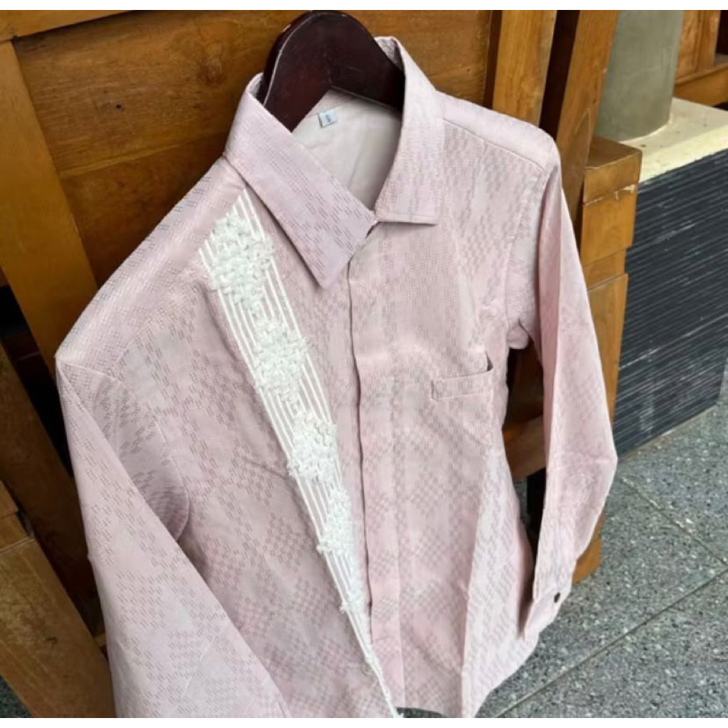 Ready Stok Kemeja Pria Lengan Panjang Tenun Songket Premium Mix Bulu Pink Peach