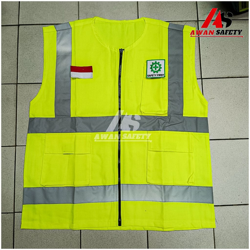 Rompi Safety Proyek K3 Warna Hijau Stabilo Bahan Kain Drill Resleting Tebal Scotlite