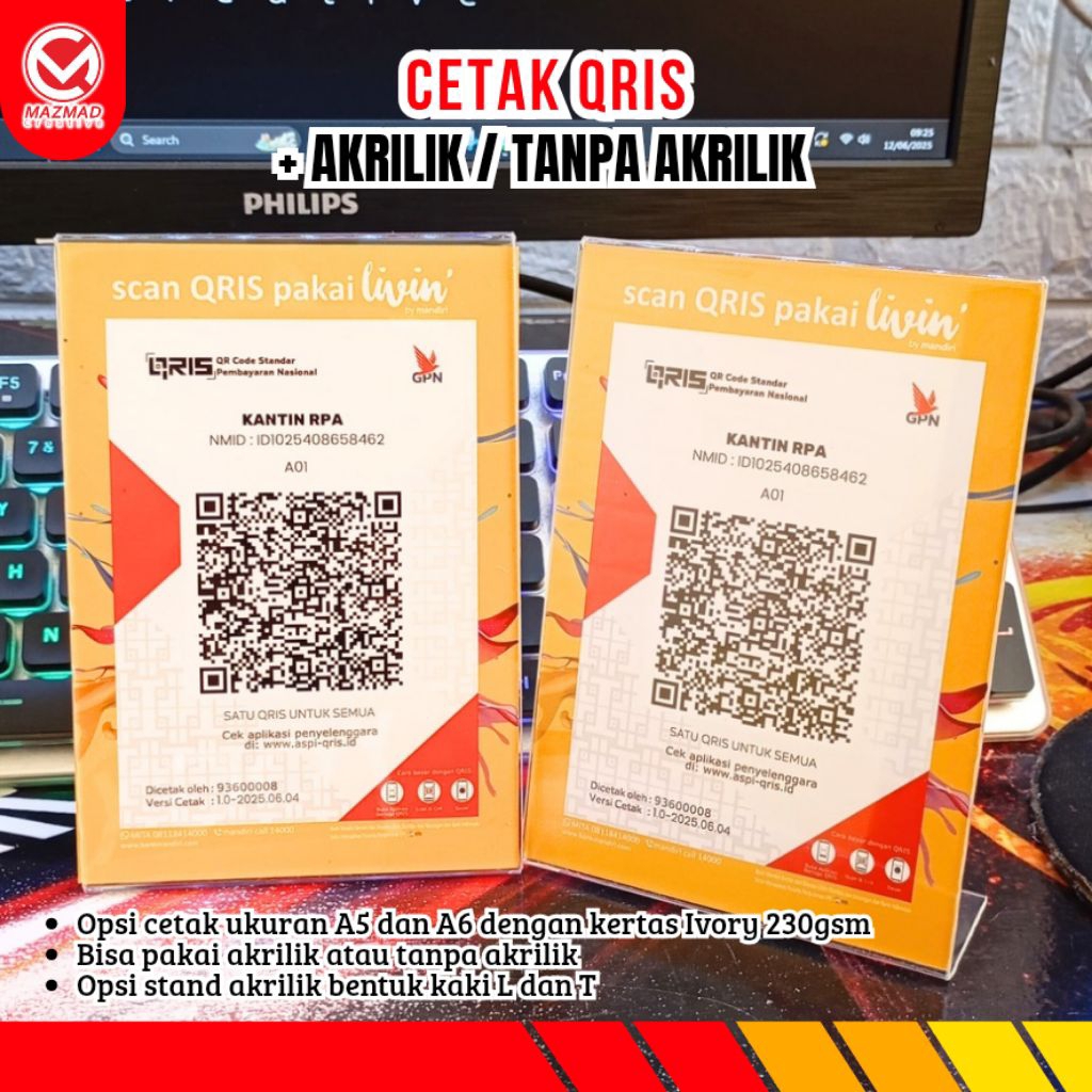 CETAK QRIS + STAND AKRILIK / Cetak QRIS Ukuran A5 dan A6