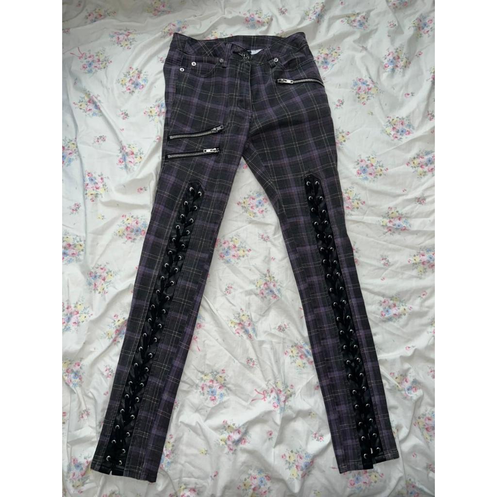 KILLSTAR Mazzy Purple Tartan Plaid Long Pants Lace Up Zipper Zip | KILL STAR Celana Panjang Kotak-Ko
