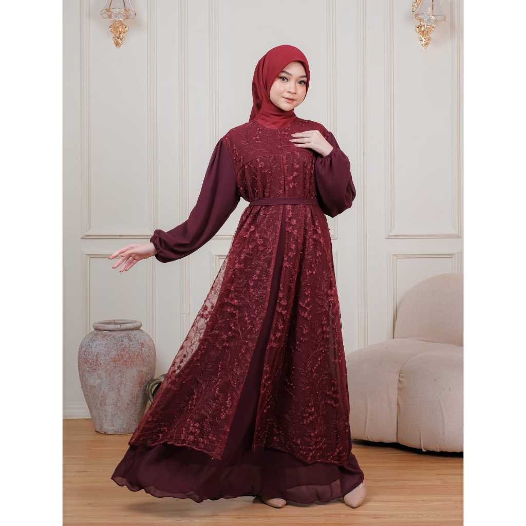 Adiba Dress gamis Brukat Terbaru 2026 Burgandy Matt Ceruty Premium Mix Brukat Tile Bordir Mutiara ou