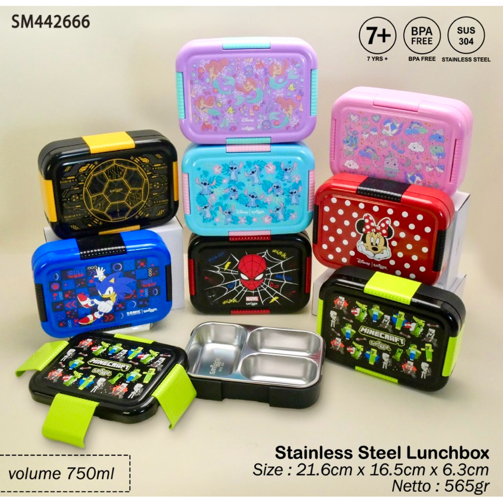 TEMPAT MAKAN SMIGGLE STAINLESS STEEL SM442666 SEKAT 3 MINECRAFT SPIDERMAN STICH MINNIE MERMAID