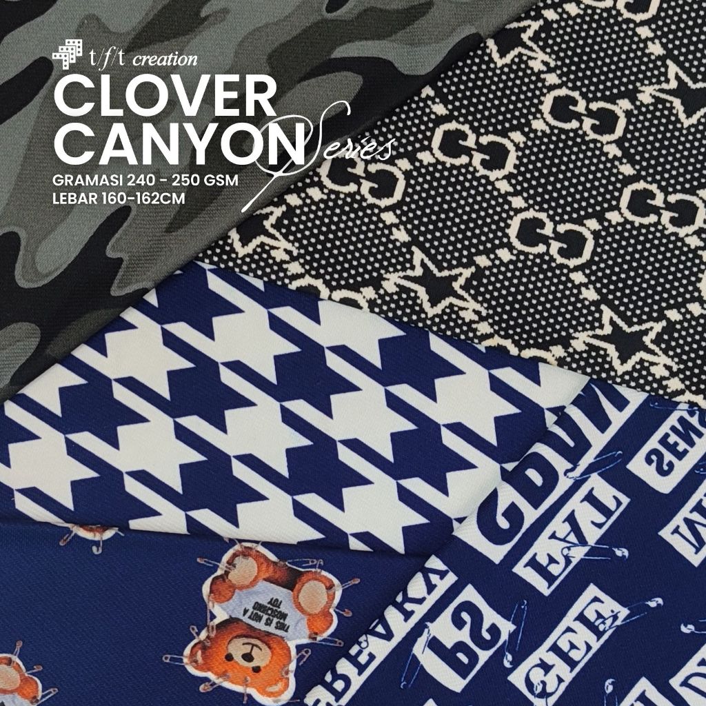 Bahan Kain Clover Canyon Series Knit Stretch | Motif Teddy Bear, Houndstooth, Army | GSM 240-250