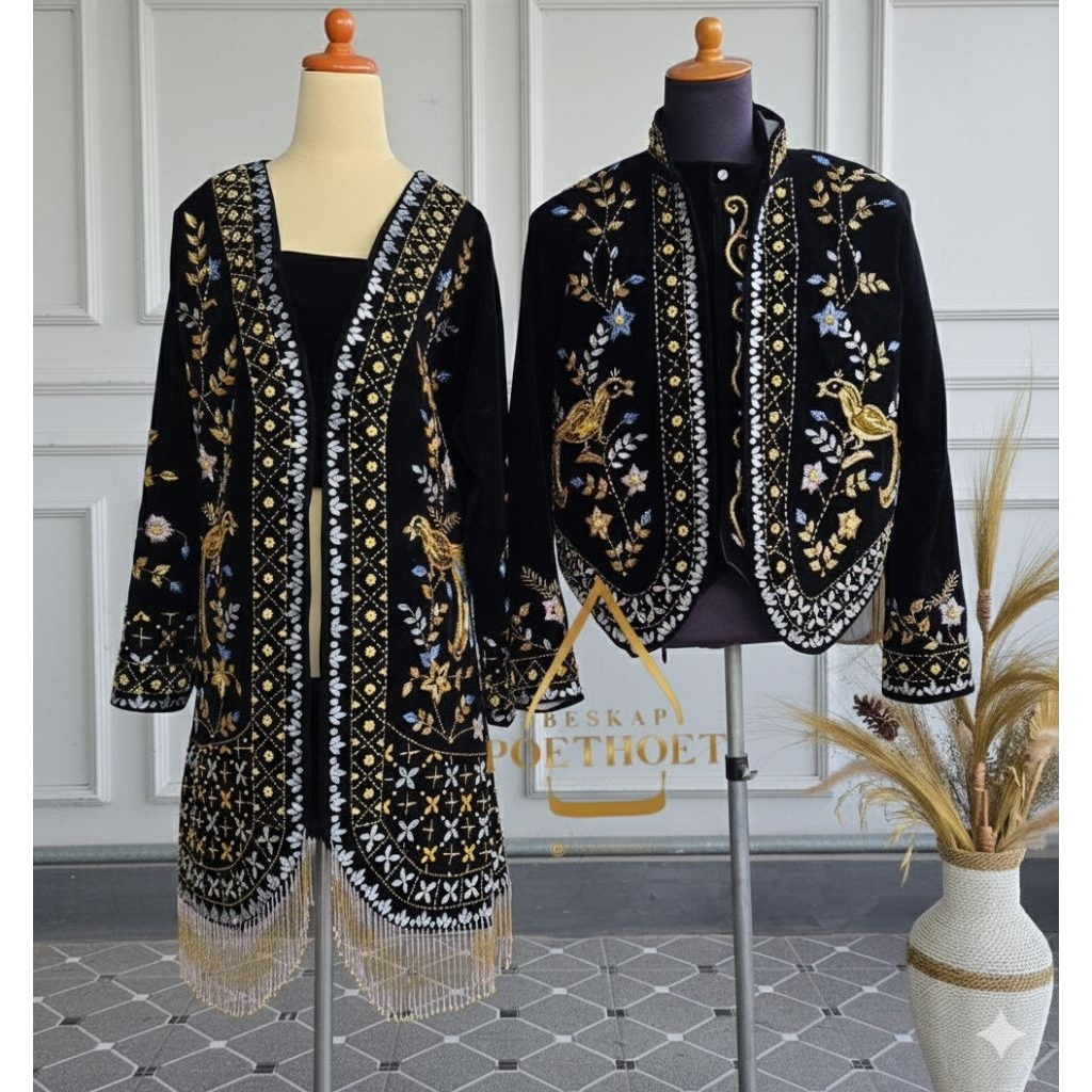 Sepasang beskap pria dan kebaya wanita solo putri couple pengantin adat jawa bludu hitam premium ful