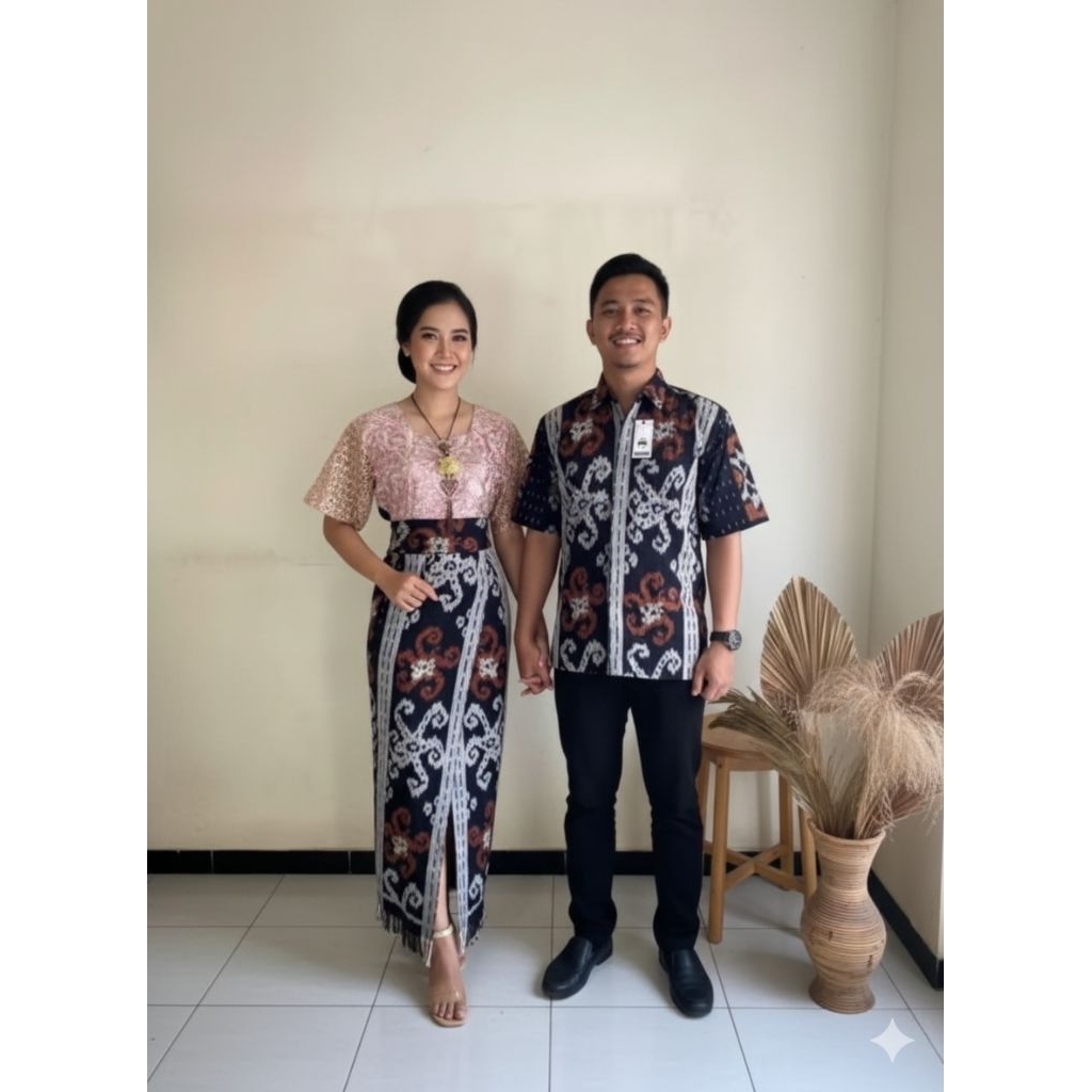 couple tenun etnik, dress kombinasi brokat