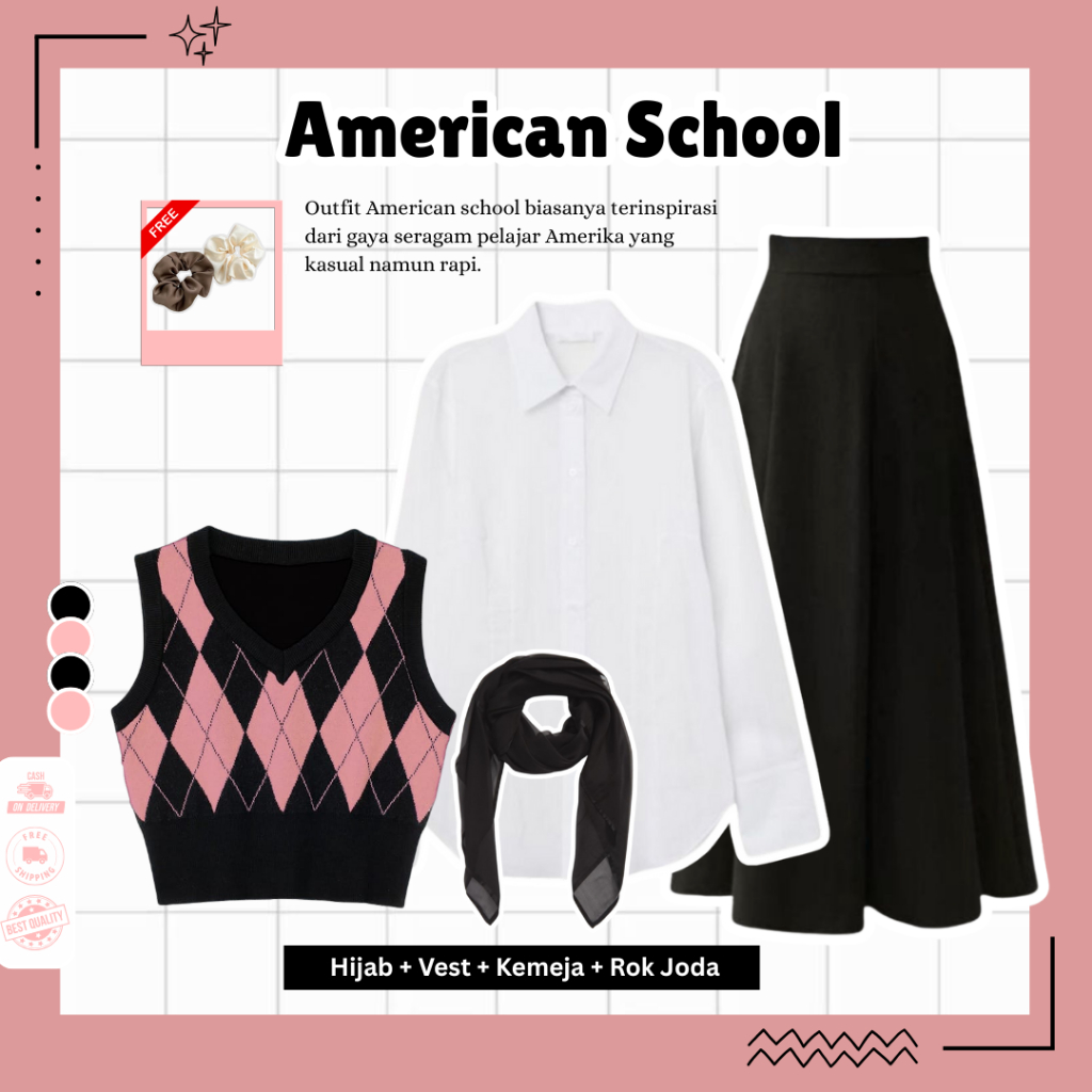 Kira Outfit American School ( Hijab + Vest + Kemeja + Rok Joda  ) Outfit Yearbook American - N42