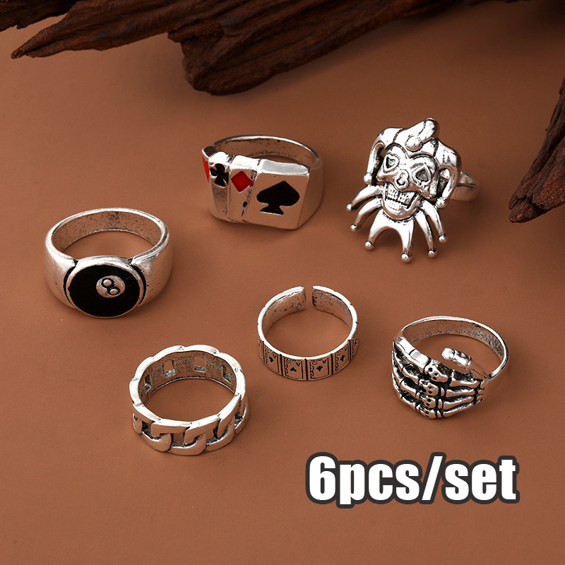 6pcs Set Cincin Pria Keren Cincin Pria Kece Cicin Punk Cincin Gothic Cincin Aksesoris Pria Badut Pok