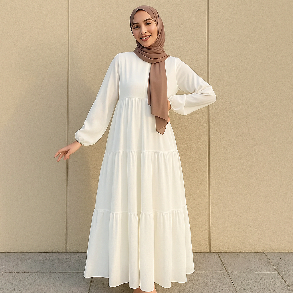 Gamis 3 Susun / Dress Serut Umpak Vol 1 Putih Natural / Gamis Polos - Bahan Ceruty Babydoll Terlaris