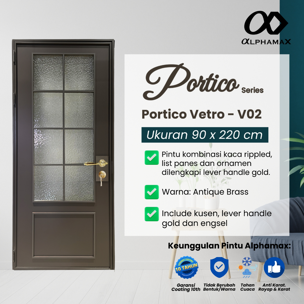 Pintu Aluminium Alphamax Portico Vetro Pintu Aluminium dengan Panel Kaca Rippled, Panes & Ornamen 90