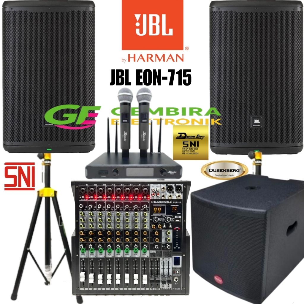 Paket SoundSpeaker Aktif JBL EON 715 Full Set dengan Subwoofer Aktif Baretone 18 Inch Mixer Hardwell