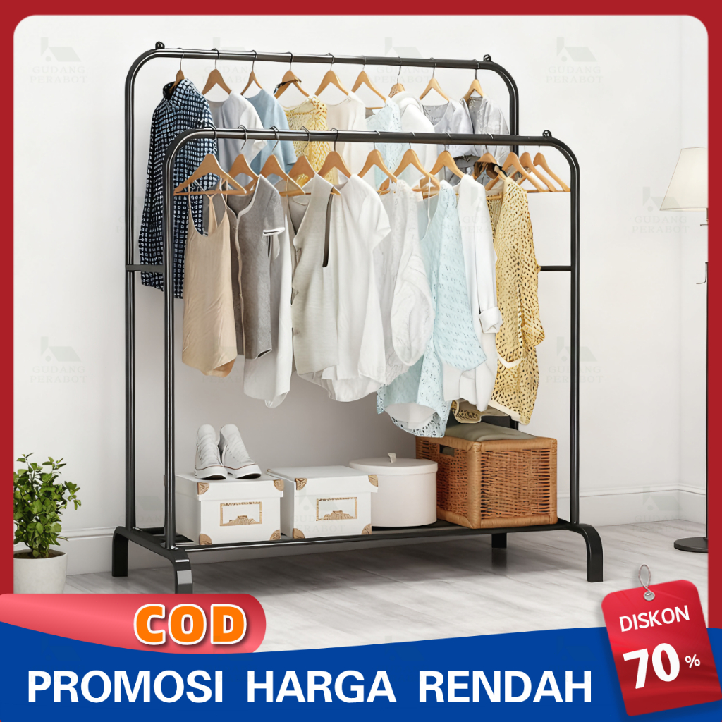 Rak Gantungan Baju 2-in-1 Portable dengan Roda - Gantungan & Rak Bawah untuk Pakaian, Tas, dan Sepat