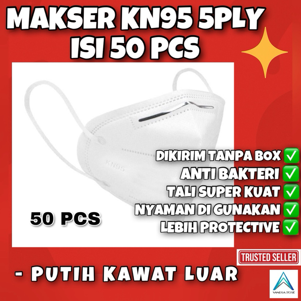 Masker KN95 Premium Putih Isi 50 PCS Tanpa Dus Kawat Luar Lentur, Bahan Halus Nyaman, Tali Kuat & Ti
