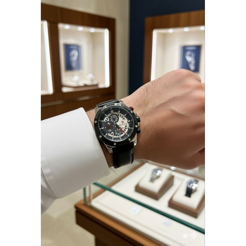 JAM TANGAN PRIA S ARMY LEATHER CHRONO AKTIF ALL STAINLESS STEEL BACK 001