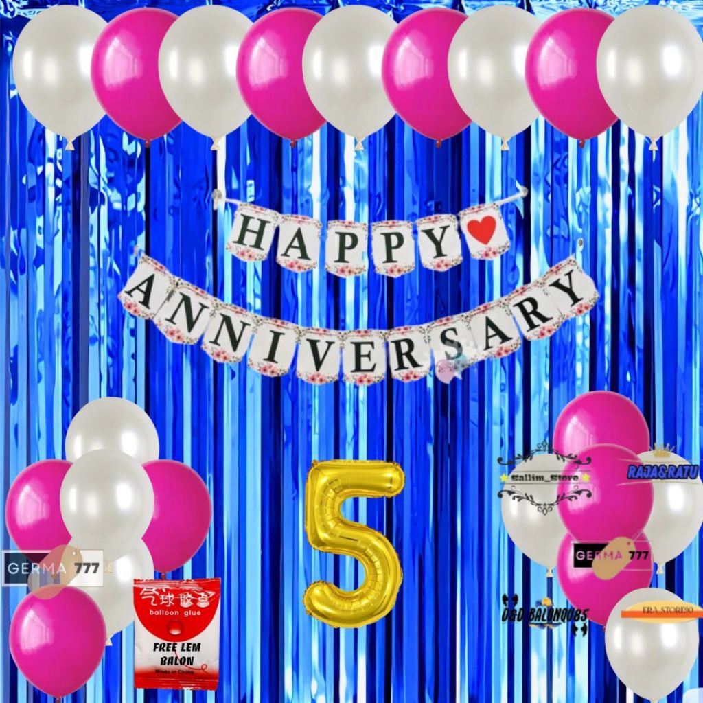 Paket Set Dekorasi Ulang Tahun Pernikahan Banner Happy Anniversary Putih Tirai Biru Tua
