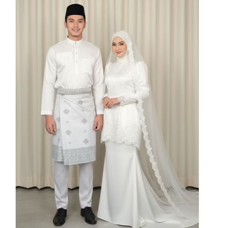 Ready stock set celana dan baju melayu + songket  pria lebar 1.5 meter laki laki putih tulang baju a