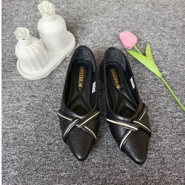 ANIZZAR Namira Flat Shoes Wanita Ujung Lancip Aksen Tali Silang Strip Sepatu Kerja Casual Teplek Sli