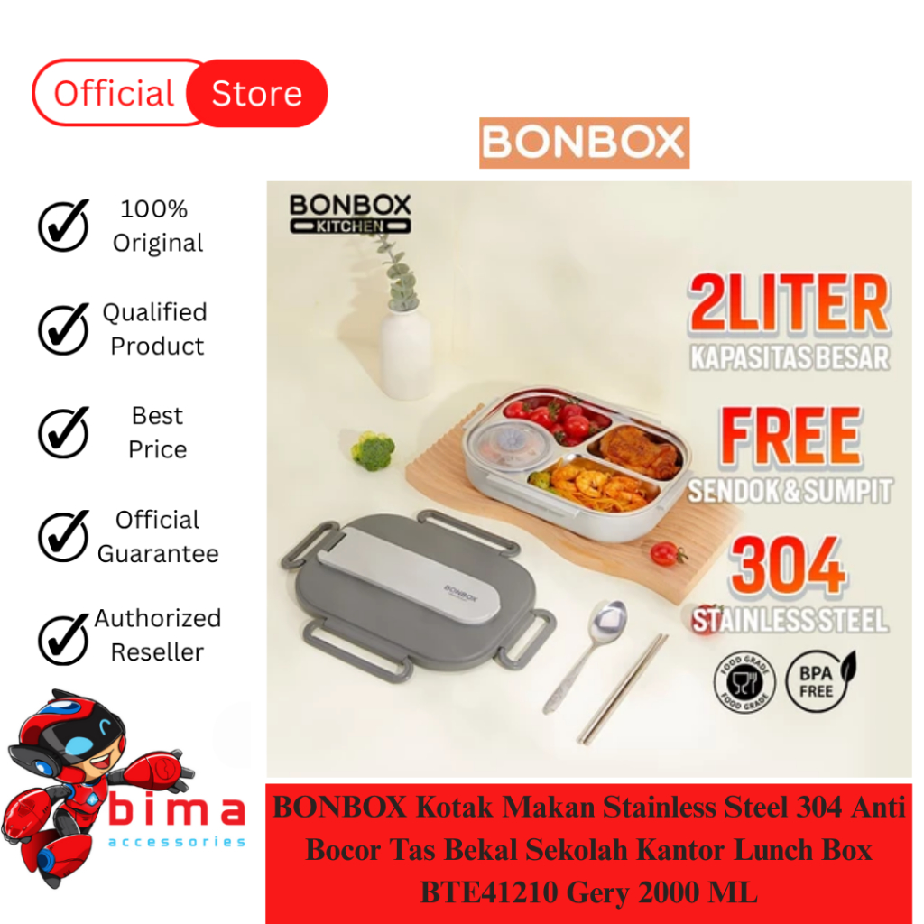 BONBOX Kotak Makan Stainless Steel Anti Bocor Bekal Sekolah Kantor Lunch Box 800ml / 2000ml