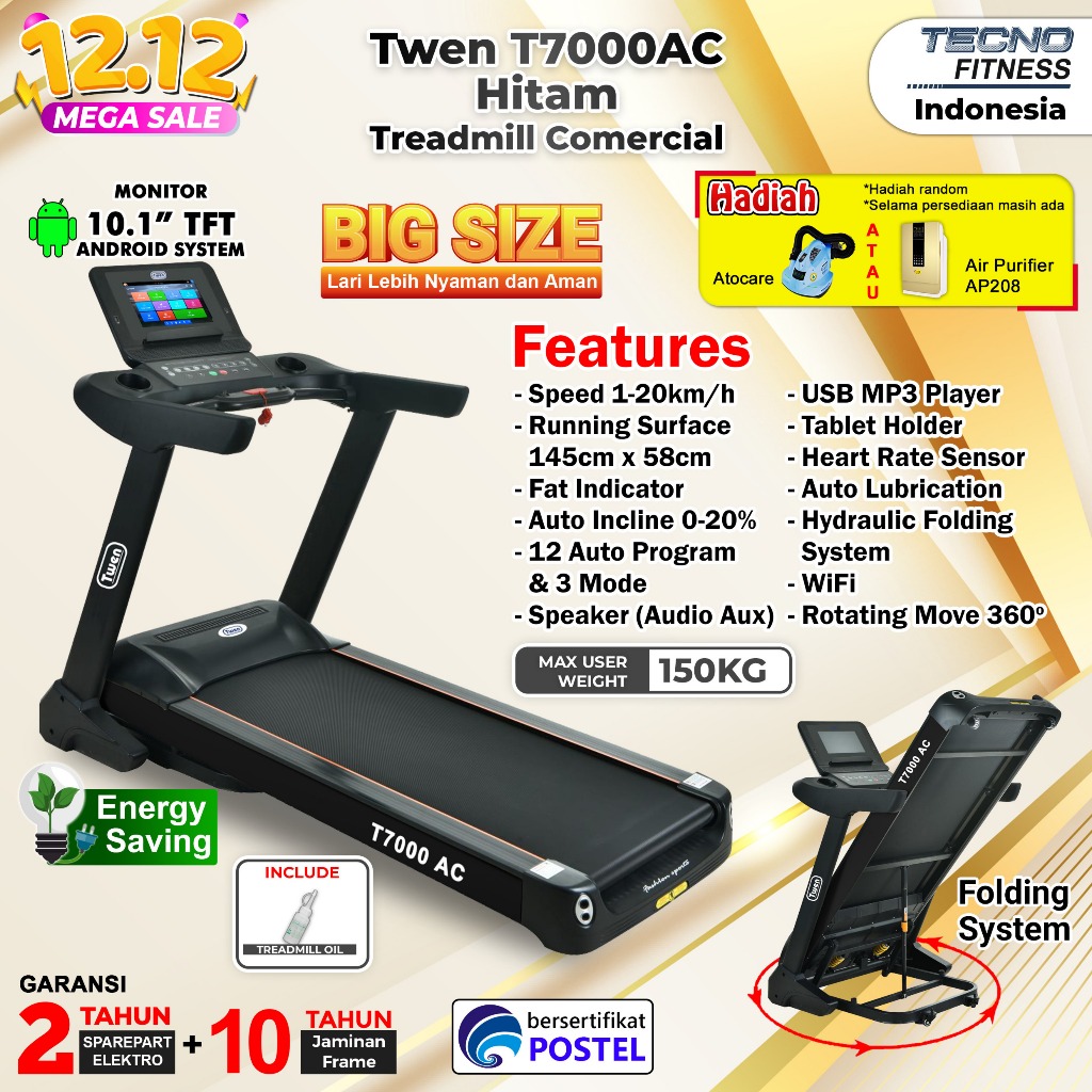 TWEN T7000AC Treadmill Listrik Treadmill Portable Treadmill Multifungsi Treadmil Lipat Alat Olahraga