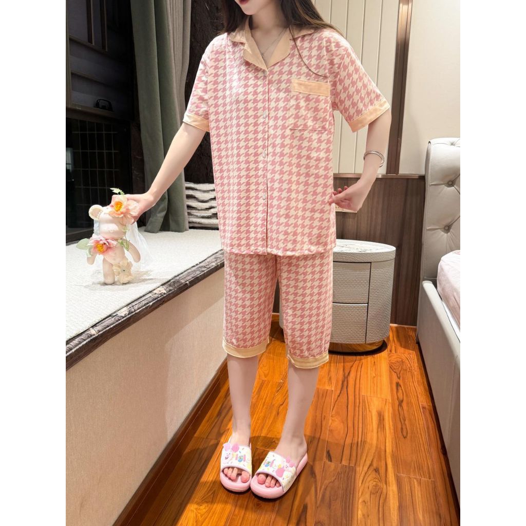 Piyama Baju Tidur Wanita 7/8 Kancing Renda Kaos Atasan Pendek Celana Semi Panjang Motif