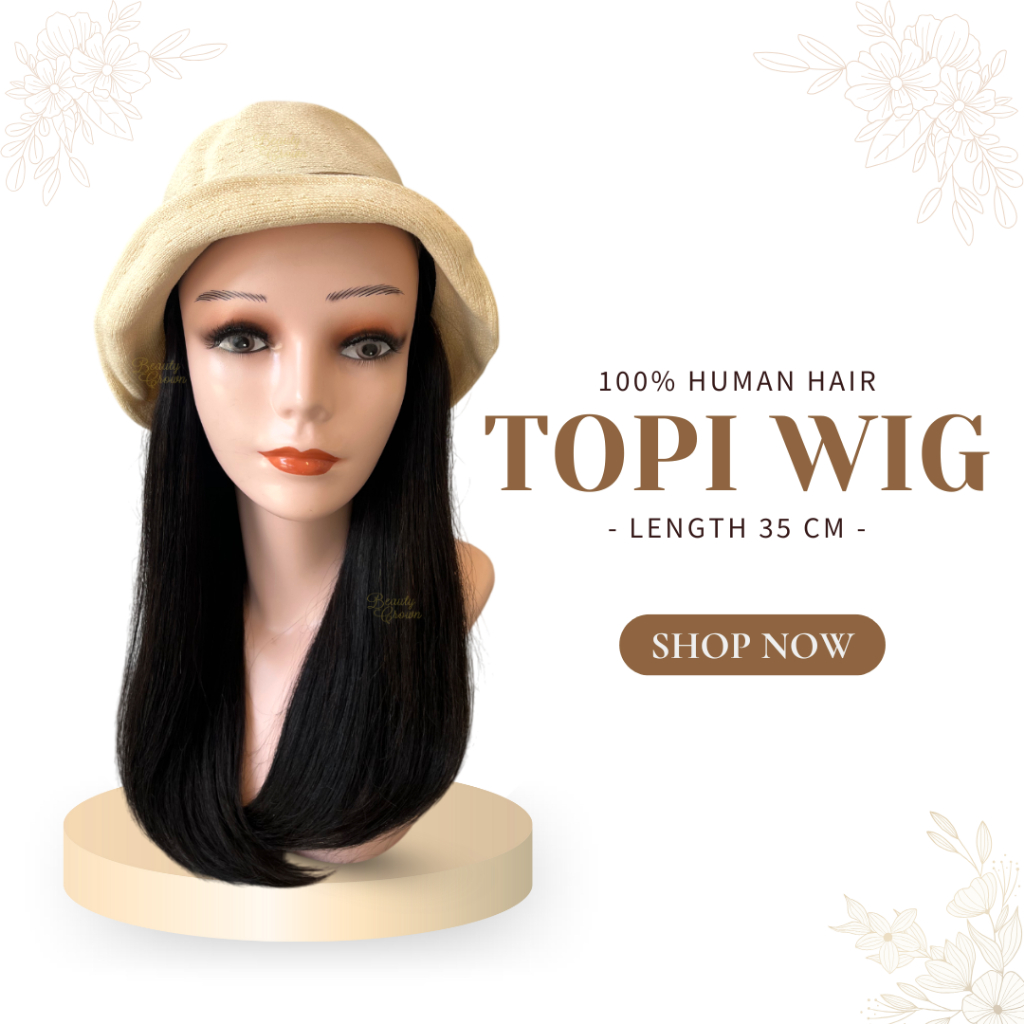 Human Hair 100% Rambut Asli Tanpa Campuran Topi Wig - Beauty Crown