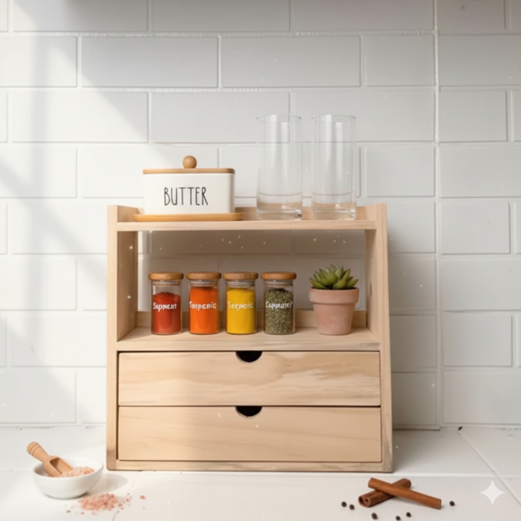 Rak Bumbu Dapur Kayu Kombinasi Tempat Toples Bumbu Laci Susun Serbaguna Rak Dapur Rak Kosmetik