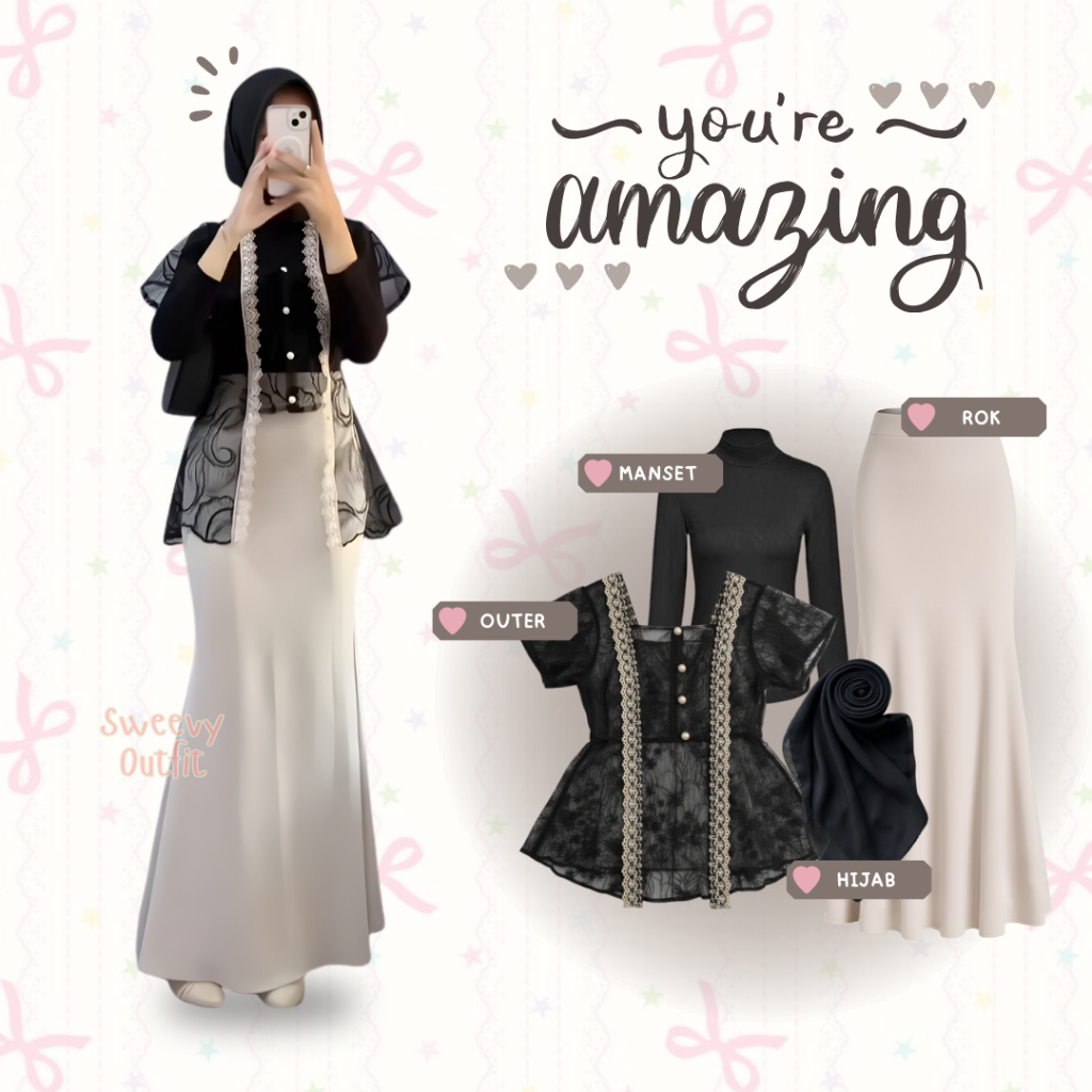 One Set Wanita Kekinian | Outer Brokat, Manset, Hijab, Rok Duyung | Outfit Kondangan Cantik - Eunsol