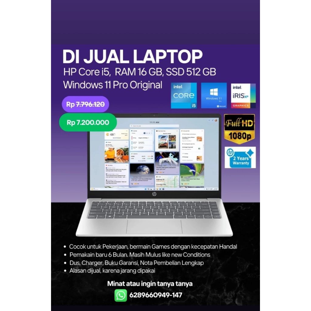 laptop HP 14 inch core i5 Ram 16 GB SSD 512 GB