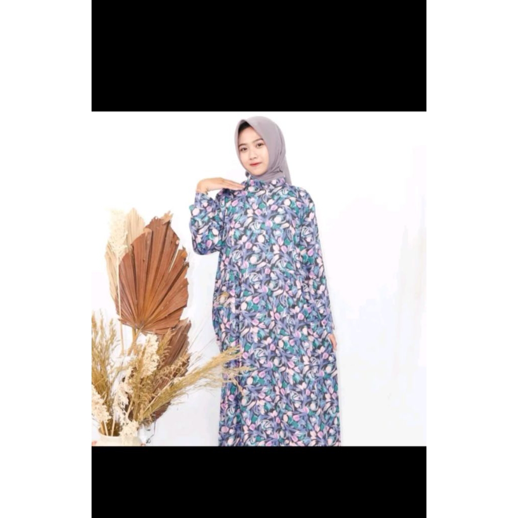 Gamis Motif Floral Navy Blossom Rayon Premium