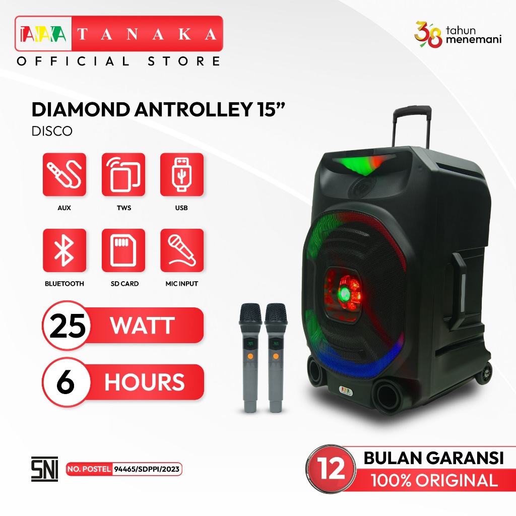 TANAKA Diamond Antrolley 15 Inch Disco Speaker Portable Bluetooth Indoor Outdoor Karaoke Mic Wireles
