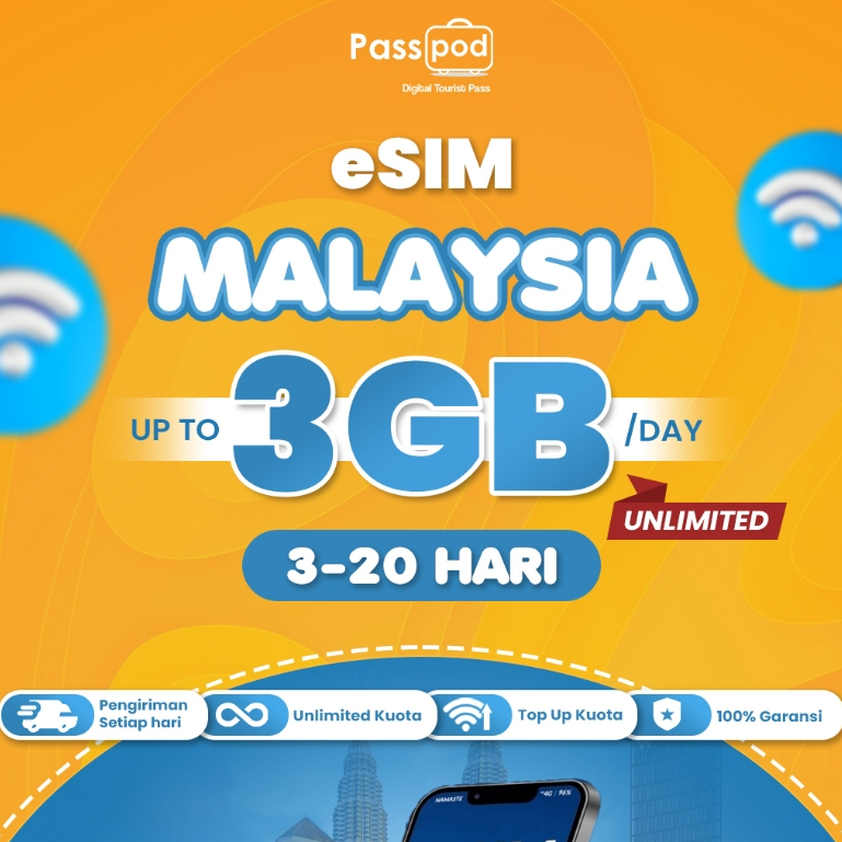 PASSPOD eSIM Malaysia Paket Unlimited Data 3-20 HARI Up To 3GB