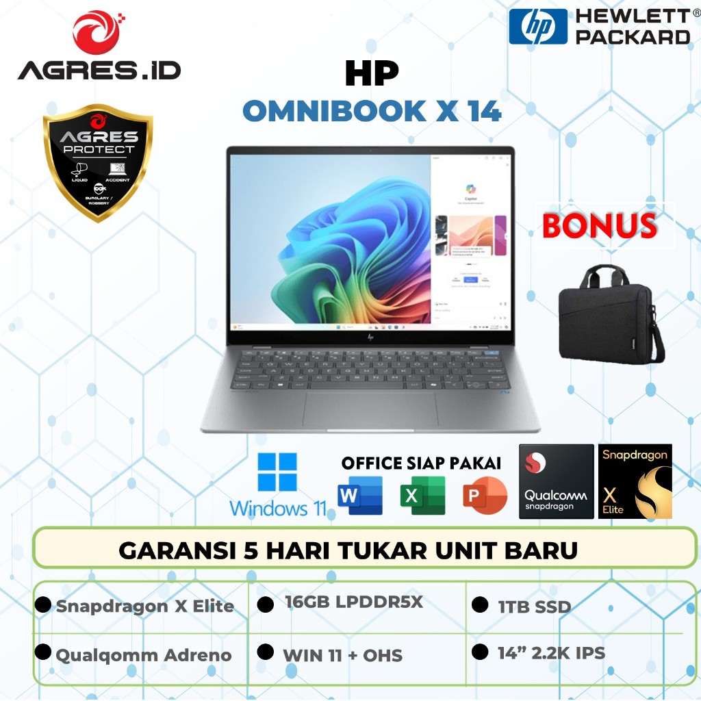 HP Omnibook X 14 Touchscreen Snapdragon X Elite X1E 78100 16GB 1TB Win 11 OHS 14 2.2k Editing