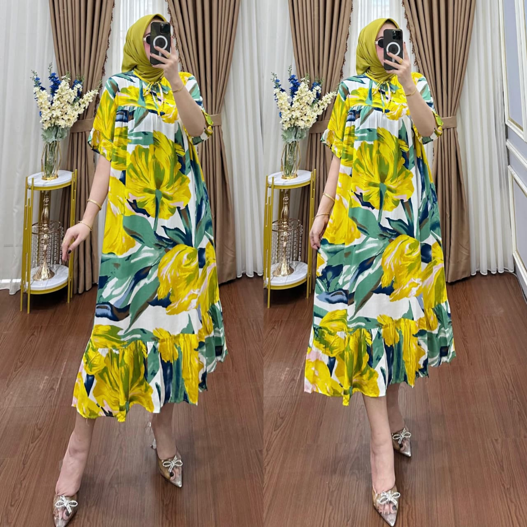 QF. MIDI DRESS KATUN RAYON MOTIF TERBARU / MIDI DRESS WANITA / MIDI DRESS