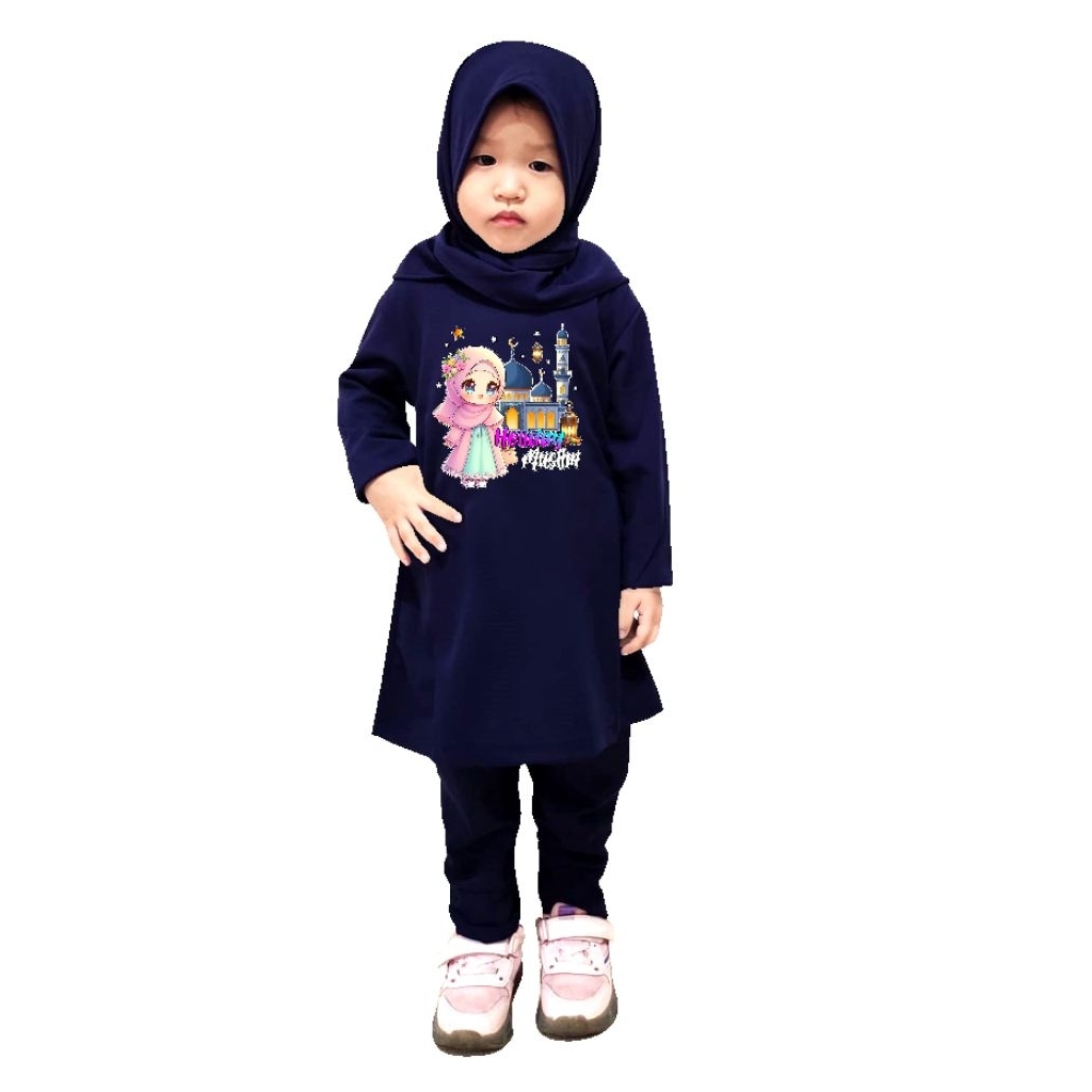 setelan tunik anak motif cewek muslimah berhijab Free kerudung/umur 3-12 tahun
