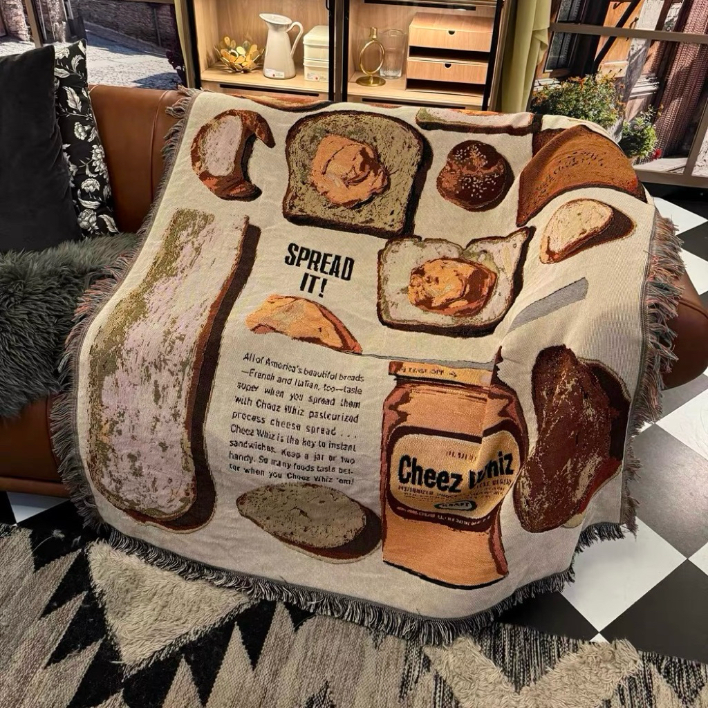 Woven Tapestry Roti Bread Toples Keju | Throw Blanket Selimut Rajut Knit Alas Kursi Karpet | Wall De