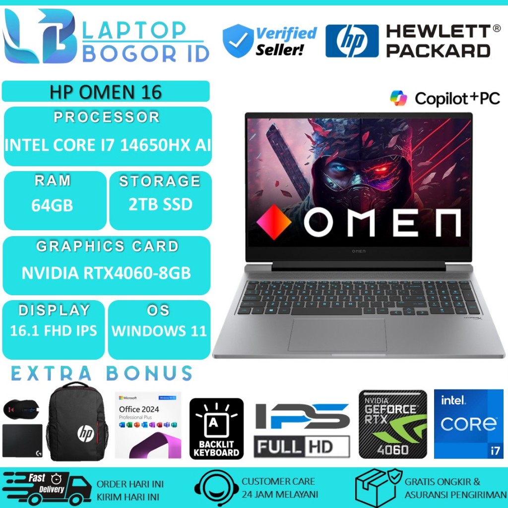 Laptop Gaming HP omen 16 Intel core i7 14650HX Ai RTX4060 Ram 64GB Ssd 2TB FHD IPS Windows 11 Home