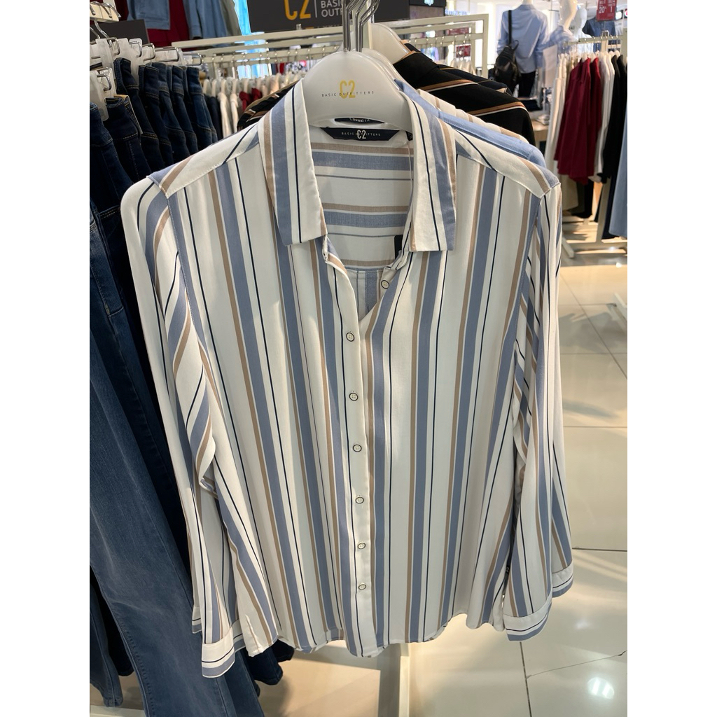kemeja wanita garis2, kemeja wanita lengan panjang garis2 C2 100% original