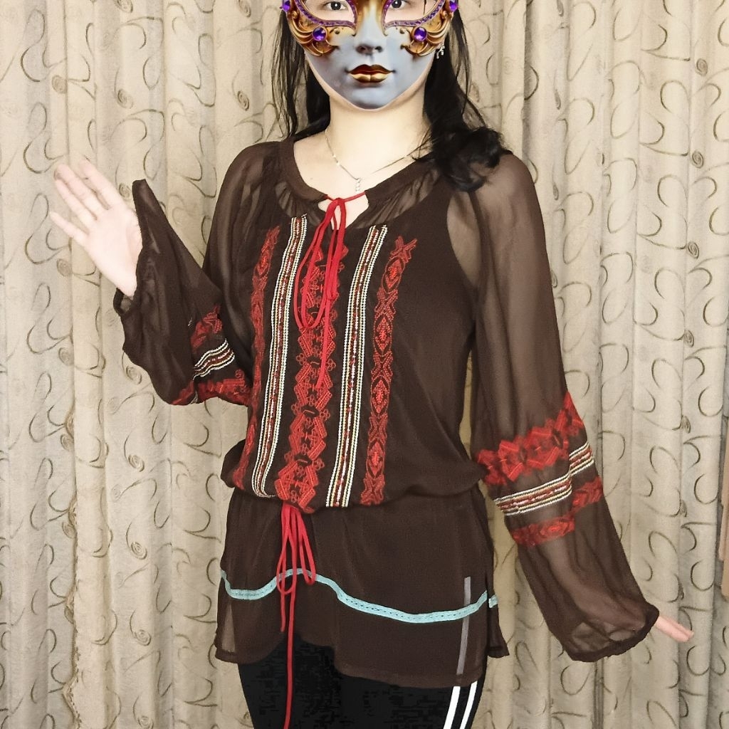 [BACA DESKRIPSI] LIMITED Brown Bohemian Emberline Sheer Top - Atasan Wanita Bordir Etnik