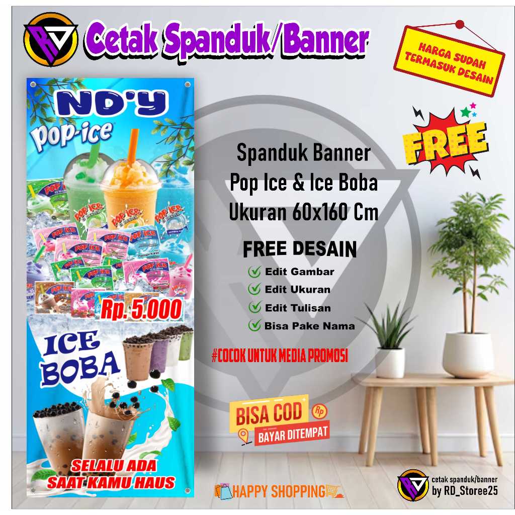 Spanduk Banner Pop Ice & Ice Boba Ukuran 60x160 Cm